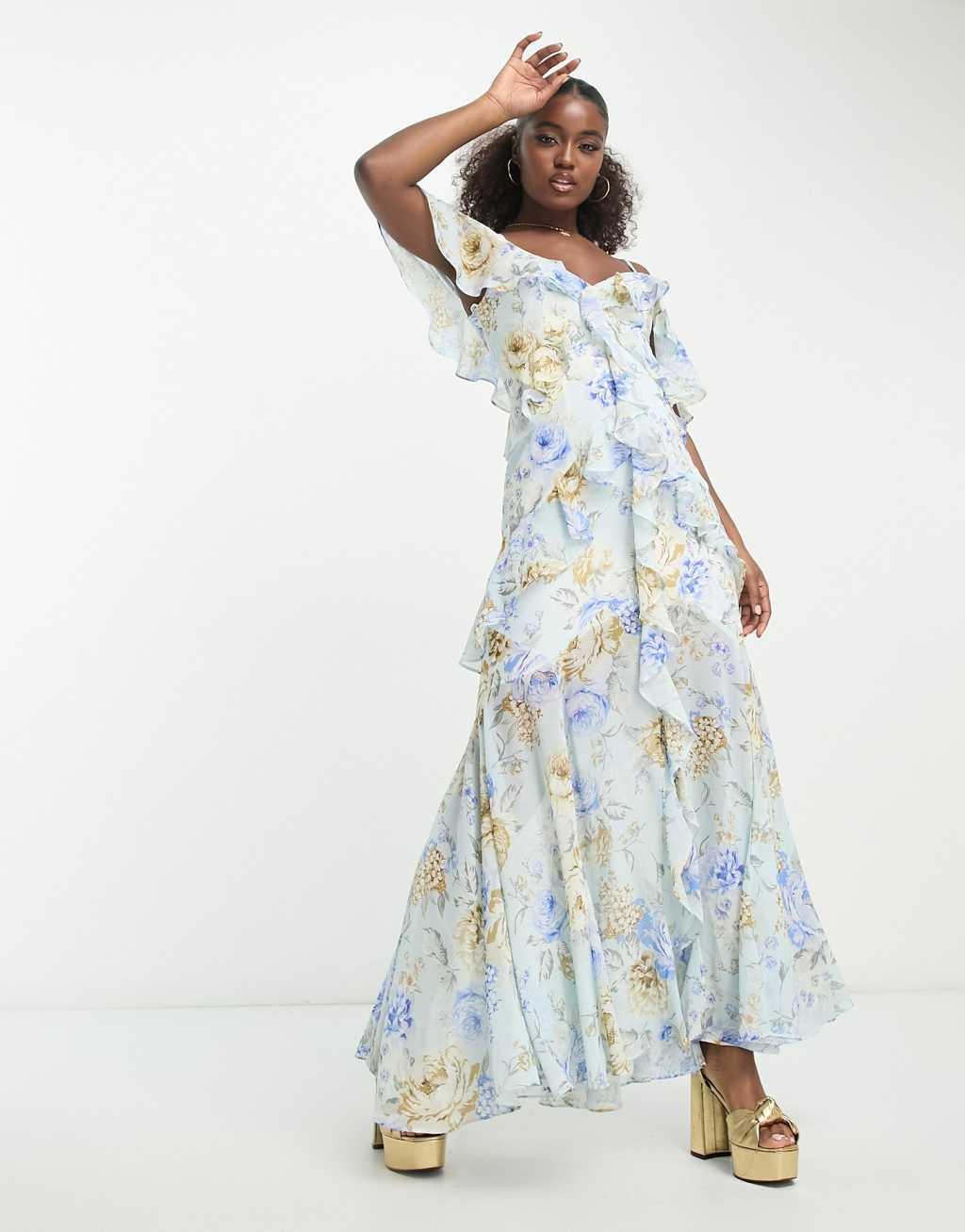 Ever New off shoulder maxi dress In blue floral Product Image