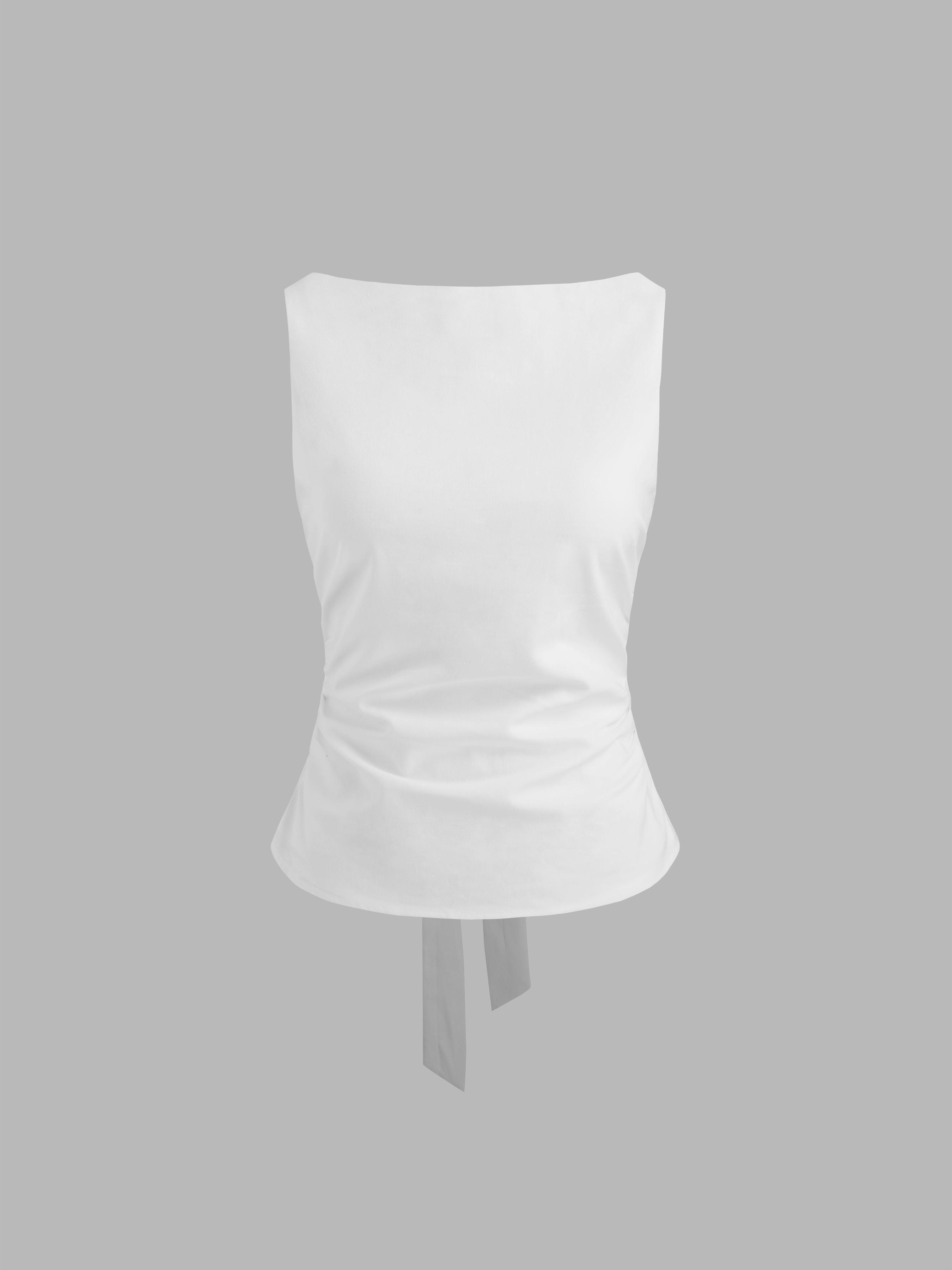 Linen-blend Boat Neckline Solid Bowknot Tank Top Product Image