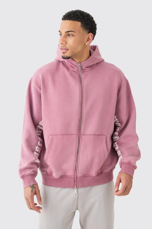 Oversized Zip Thru Funnel Neck Acid Wash Applique Hoodie | boohooMAN USA Product Image