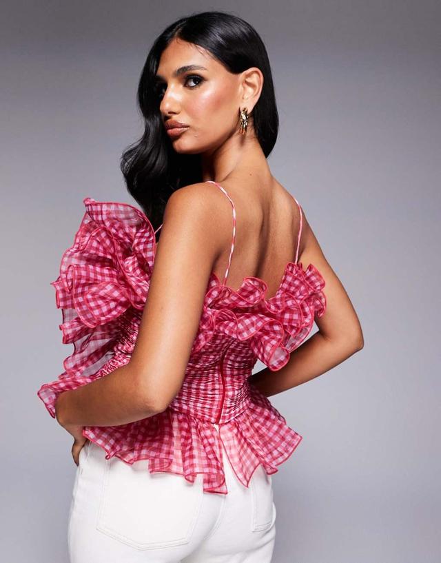 ASOS LUXE ruffle organza gingham top in pink and white Product Image