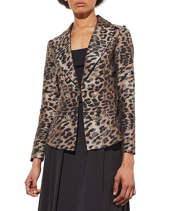 Ming Wang Woven Leopard Print Notch Lapel Collar Long Sleeve Double-Breasted Jacket Product Image