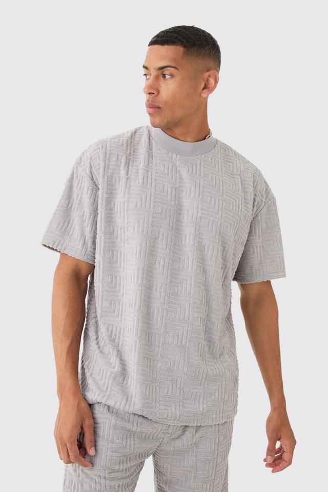 Oversized Extended Neck Geo Towelling Jacquard T-shirt | boohooMAN USA Product Image