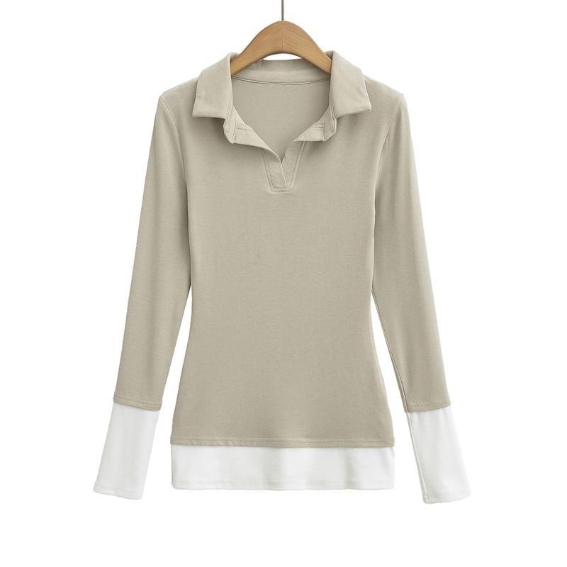 Long Sleeve Lapel Neck Contrast Trim Polo Shirt Product Image