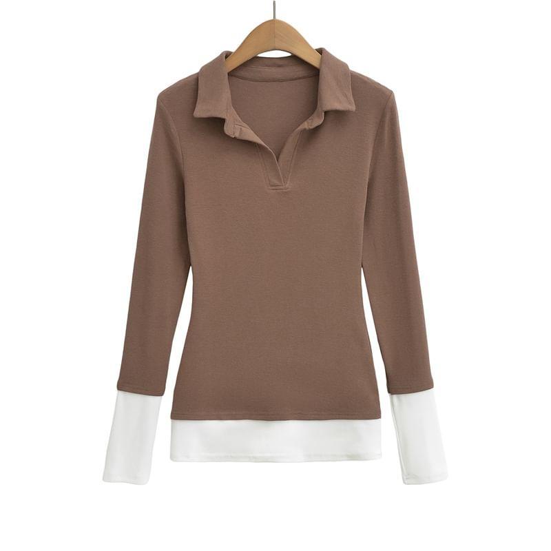 Long Sleeve Lapel Neck Contrast Trim Polo Shirt Product Image