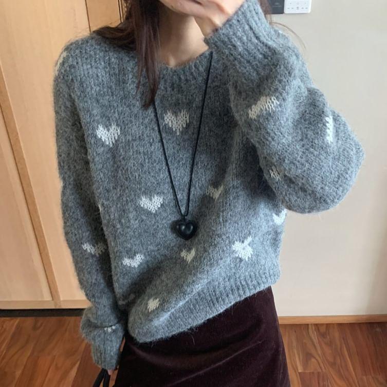 Round Neck Heart Patterned Sweater Product Image