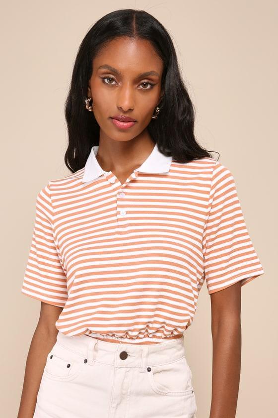 Classic Vibes Light Orange Striped Collared Short Sleeve Top Product Image