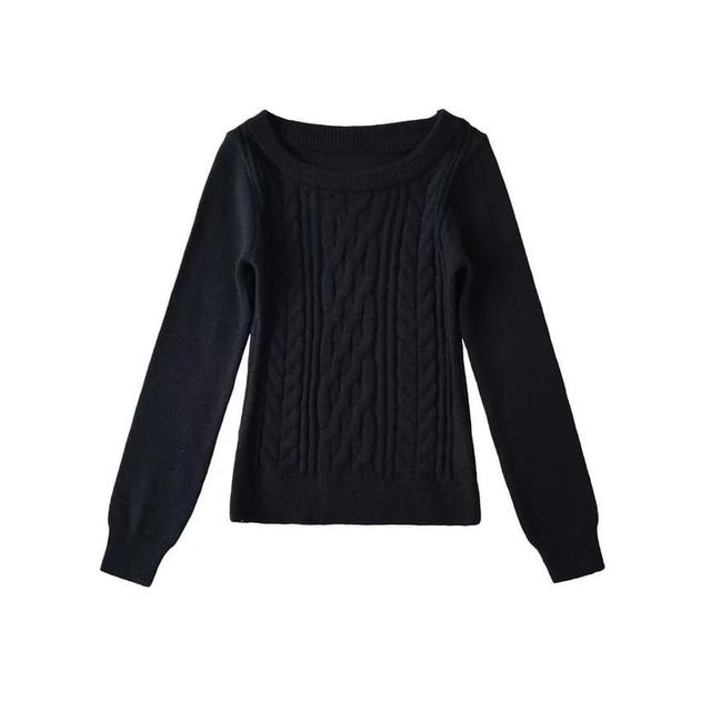 Long-Sleeve Scoop Neck Plain Cable Knit Sweater Product Image