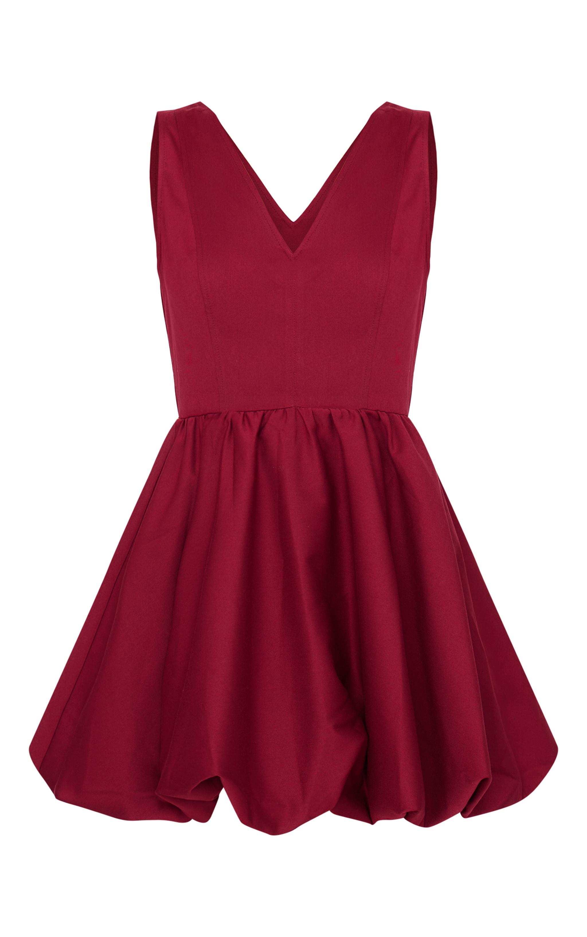 Burgundy Tailored Woven V Neck Puffball Mini Dress Product Image