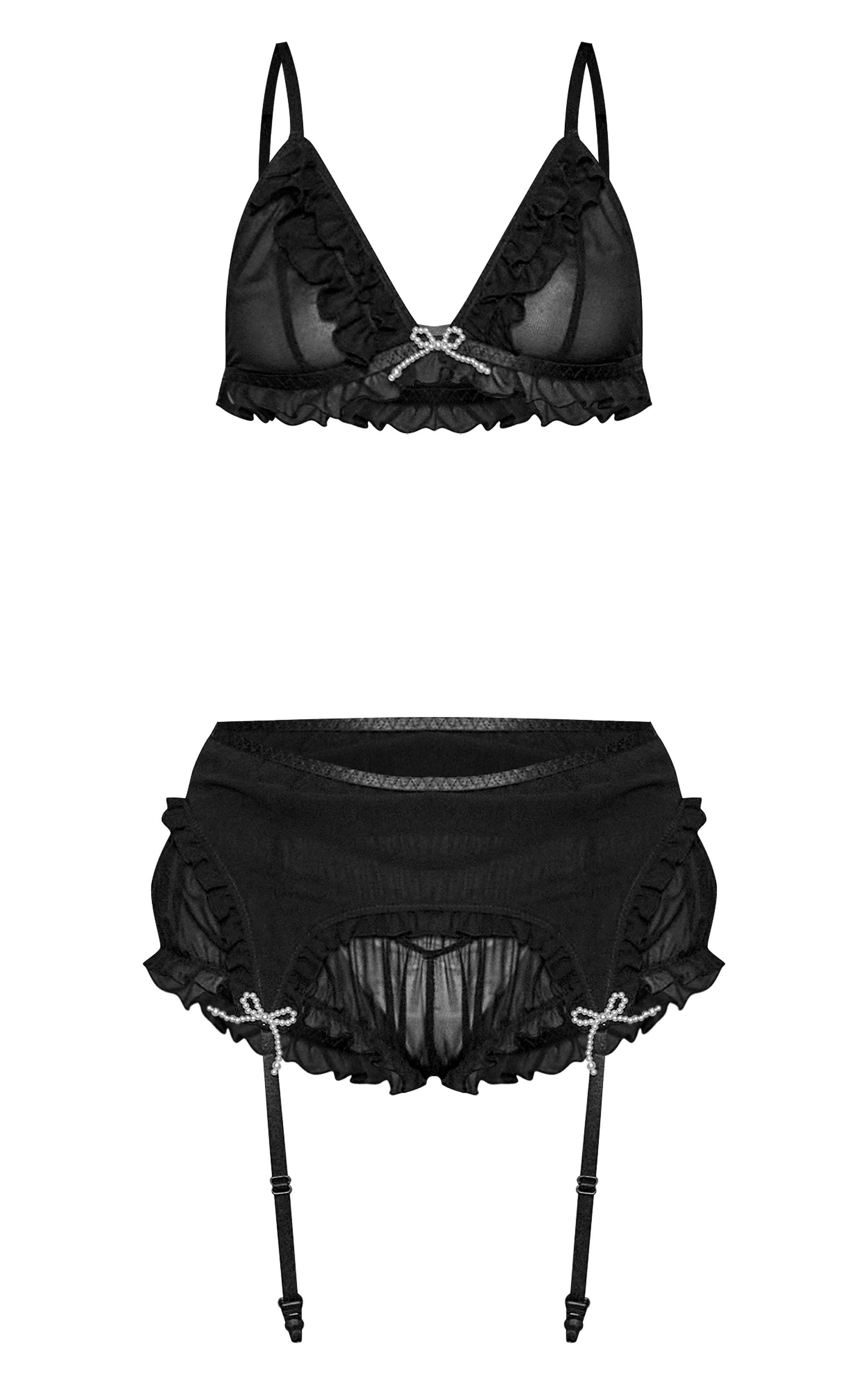 Black Mesh Frill Suspender Overlay Shorts Lingerie Set Product Image