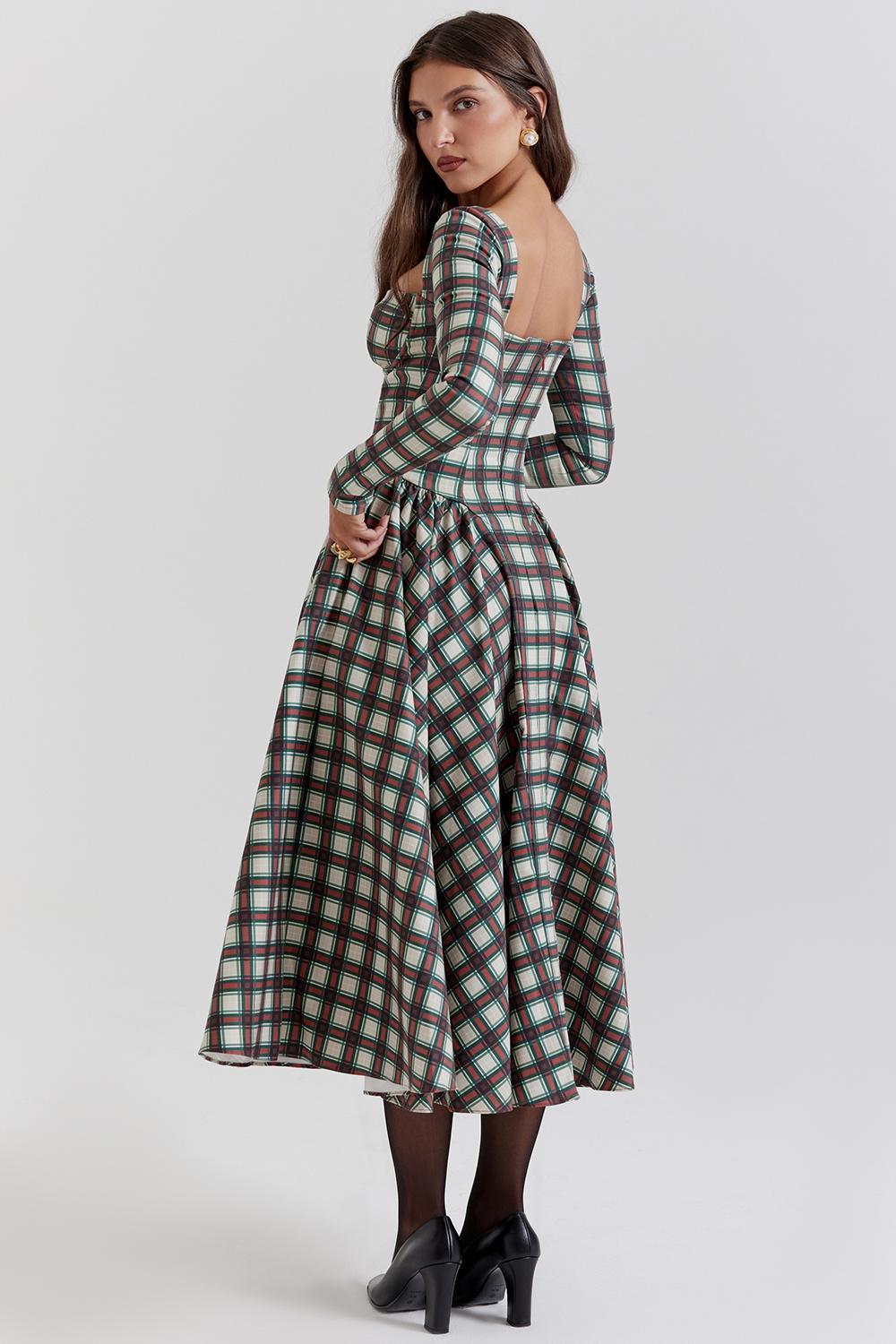 Eliza Red Tartan Corset Midi Dress - SALE Product Image