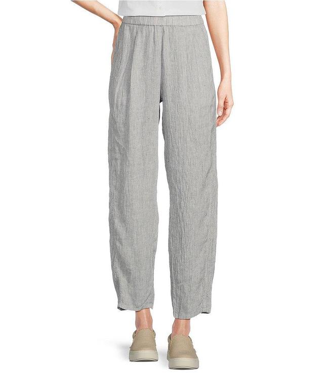 Eileen Fisher Crinkled Striped Organic Linen Wide Tapered Leg Pull-On Ankle Pants Product Image