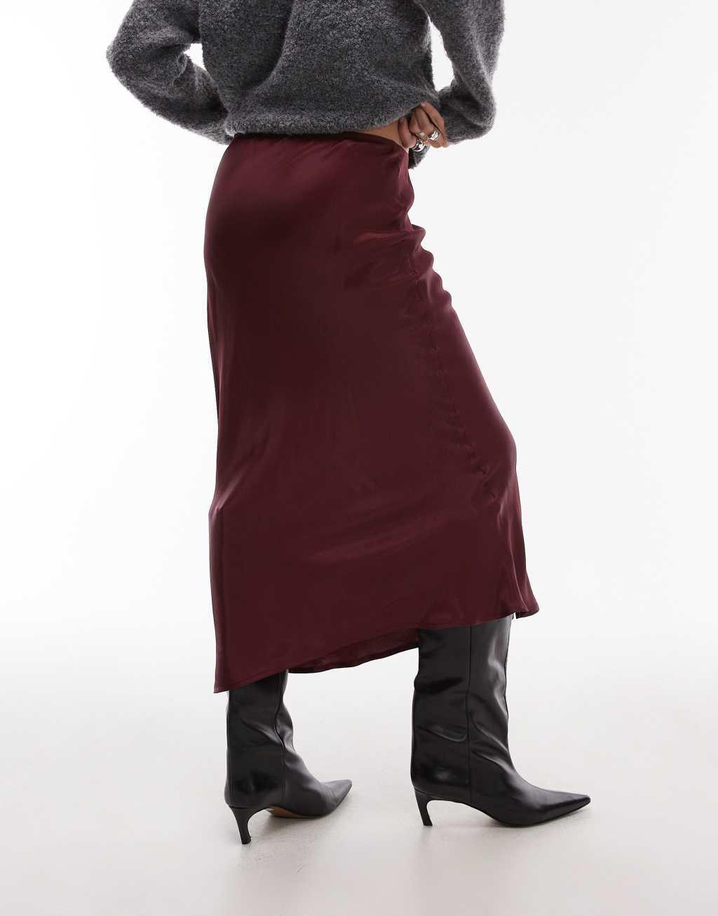 Topshop satin bias midi skirt in burgundy Product Image