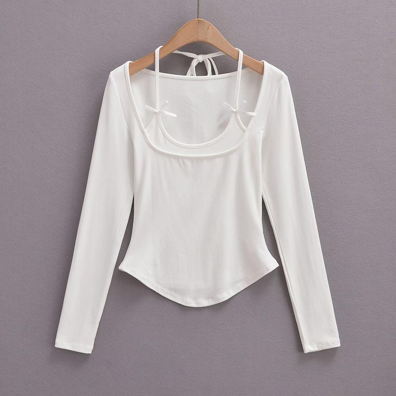 Long-Sleeve Scoop Neck Plain Mock Two Piece T-Shirt Product Image