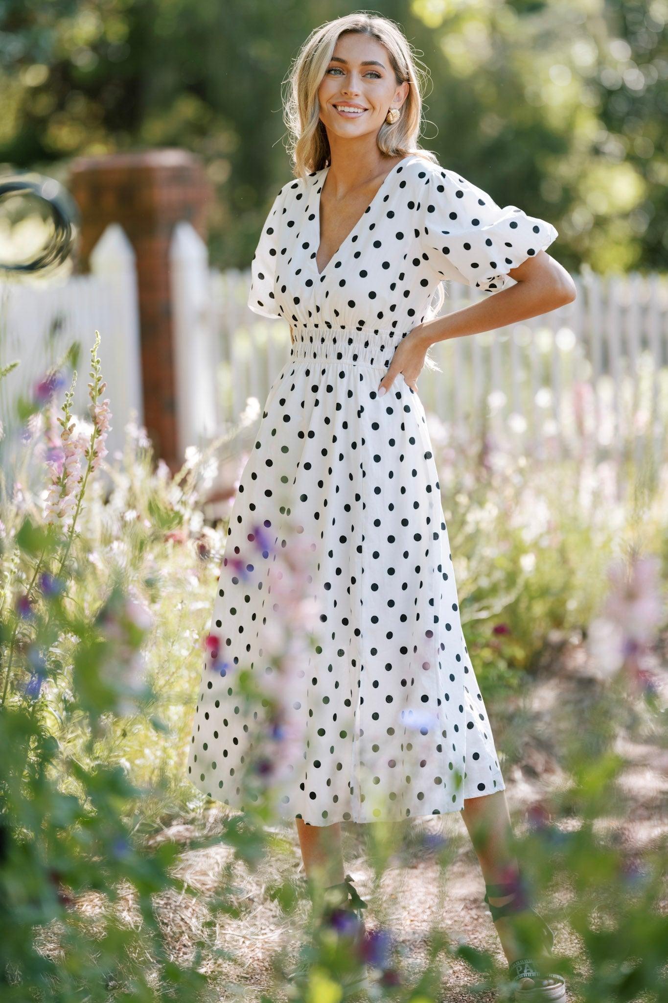 Dotted Delight White & Black Polka Dot Midi Dress Product Image