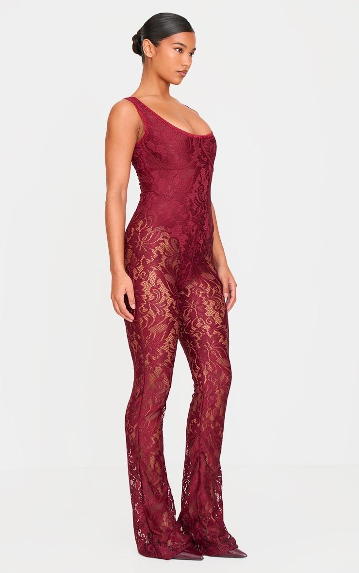 Burgundy Lace Boning Detail Flared Jumpsuit Product Image