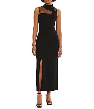 Donna Morgan Stretch Crepe Illusion Mock Neck Sleeveless Front Slit Maxi Dress Product Image