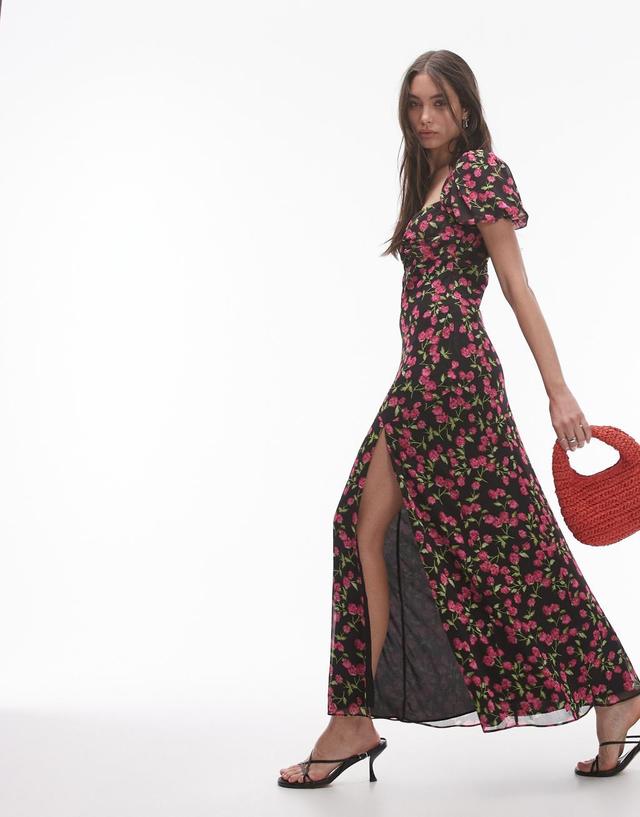 Topshop ruched sleeve occasion dress in red floral print Product Image