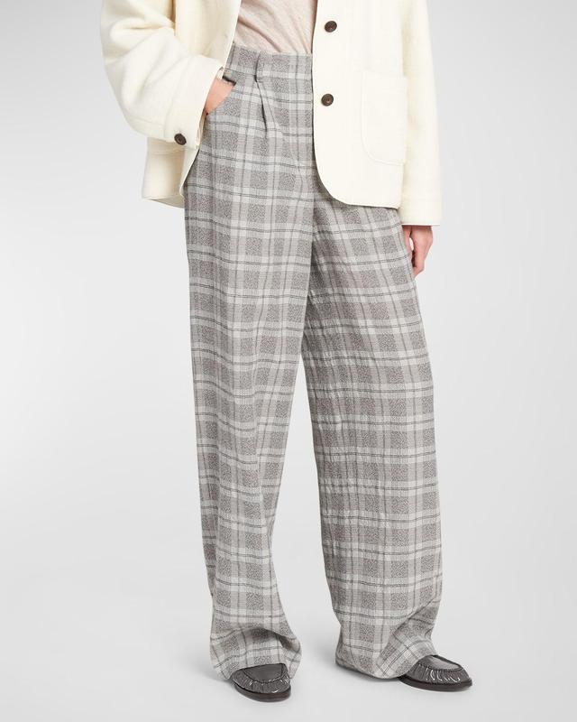 Washed Wool Check Print Relaxed Trousers Product Image