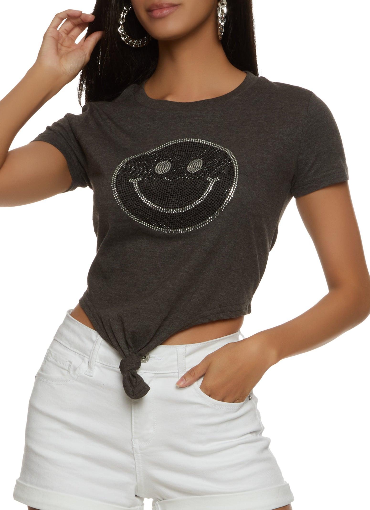 Womens Rhinestone Smiley Knot Front Tee Product Image