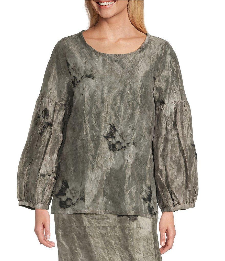 Bryn Walker Memory Crunch Marble Print Crew Neck Long Sleeve Taffeta Lantern Shirt Product Image