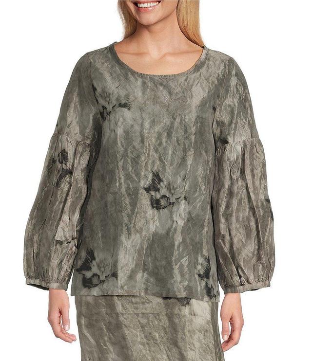 Bryn Walker Memory Crunch Marble Print Crew Neck Long Sleeve Taffeta Lantern Shirt Product Image