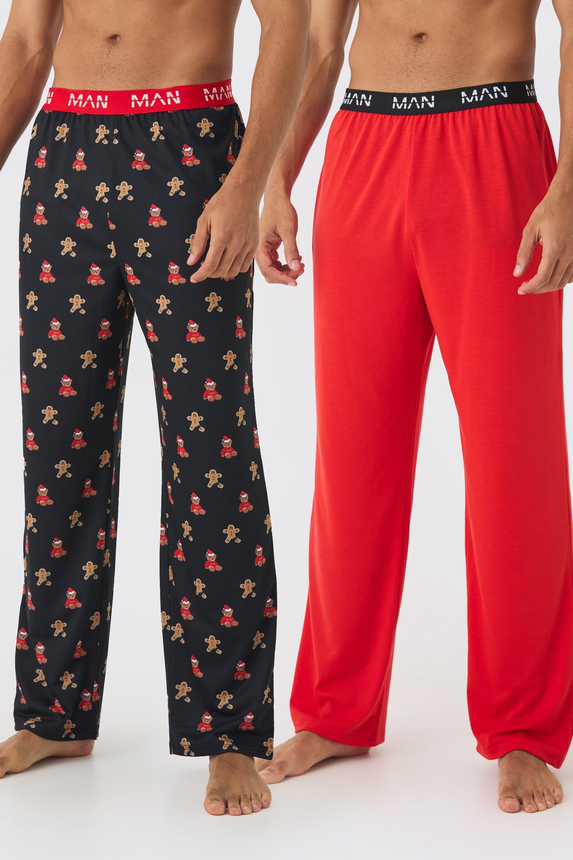 2 Pack Man Teddy Bear Print and Plain Lounge Bottoms | boohooMAN USA Product Image