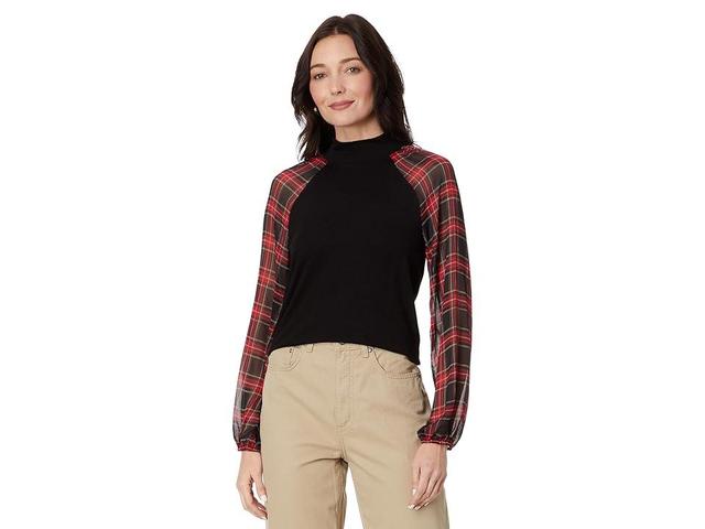 Tommy Hilfiger Womens Plaid-Sleeve Mixed-Media Top Product Image