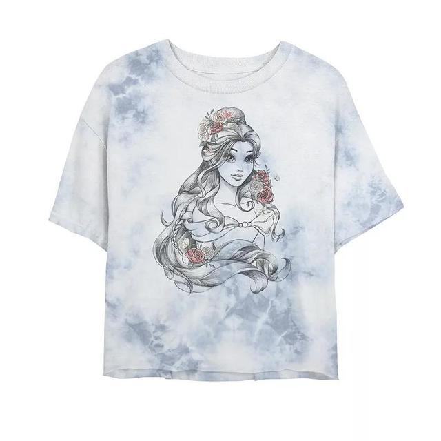 Juniors Disney Princess Beauty & The Beast Belle Drawing Rose Bombard Wash Crop Graphic Tee, Womens Product Image