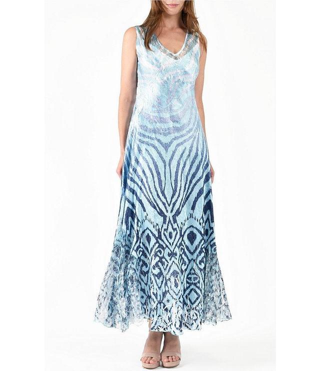 Komarov Sleeveless V-Neck Ikat Zebra Print Chiffon Charmeuse Maxi Dress Product Image