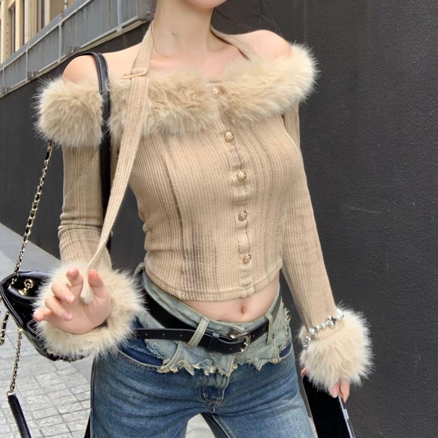 Long-Sleeve Halter Neck Off-Shoulder Tie Dye Button Accent Fluffy Trim Crop Top Product Image