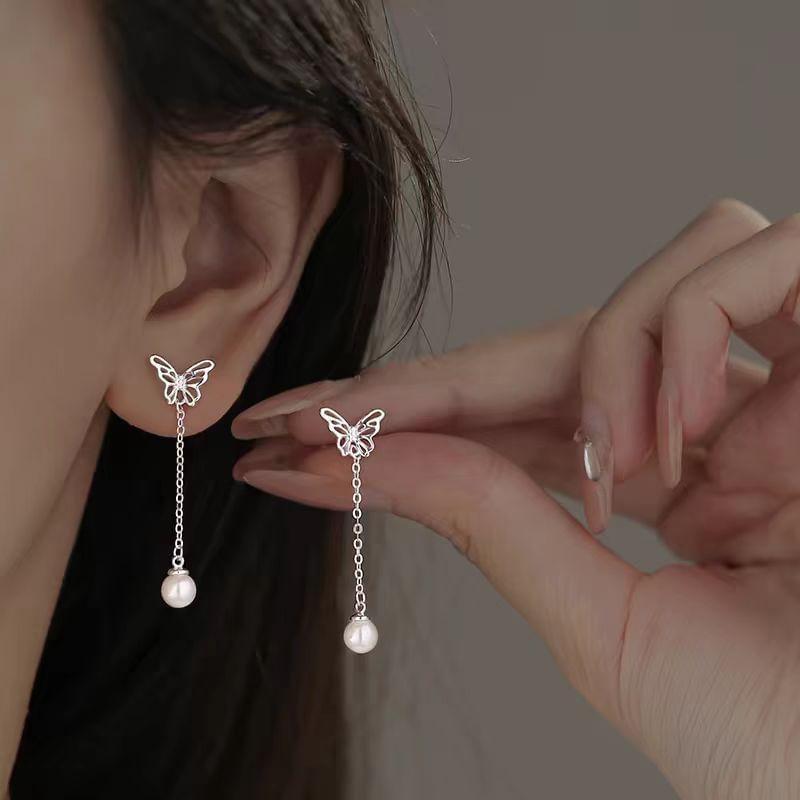 Butterfly Faux Pearl Alloy Drop Earring Product Image