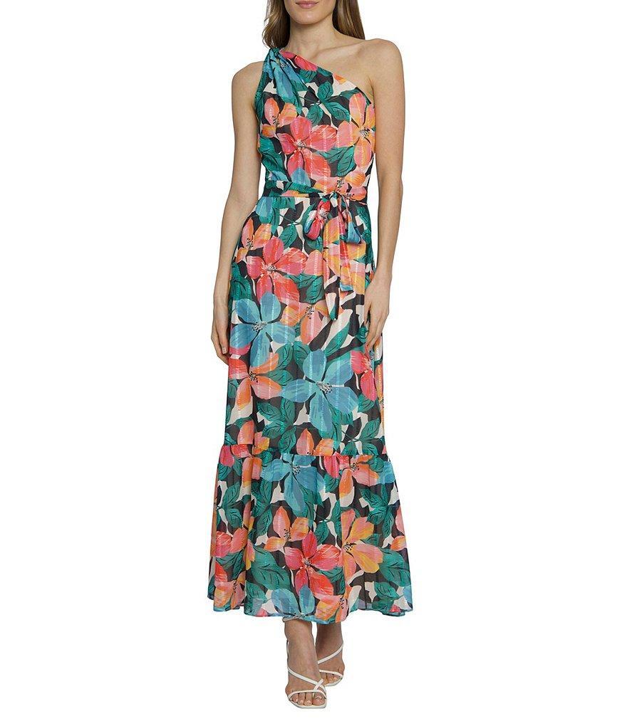 Maggy London Floral Ribbon Stripe Chiffon One Shoulder Sleeveless Tie Waist Maxi Dress Product Image