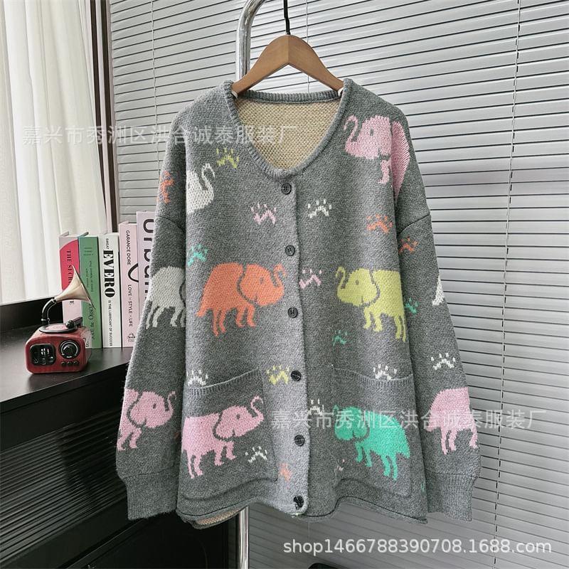 Round Neck Elephant Jacquard Cardigan Product Image