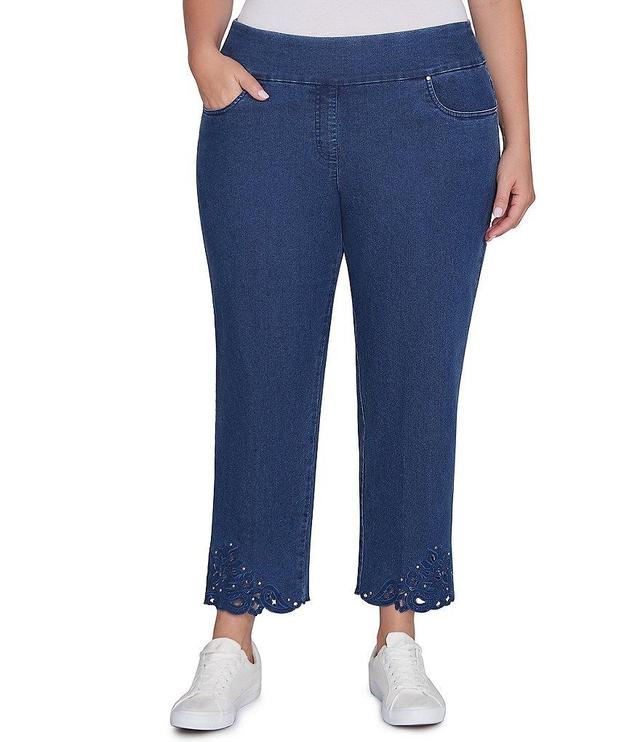 Ruby Rd. Plus Size Straight Leg Embroidered Scalloped Eyelet Hem Denim Pull-On Jeans Product Image