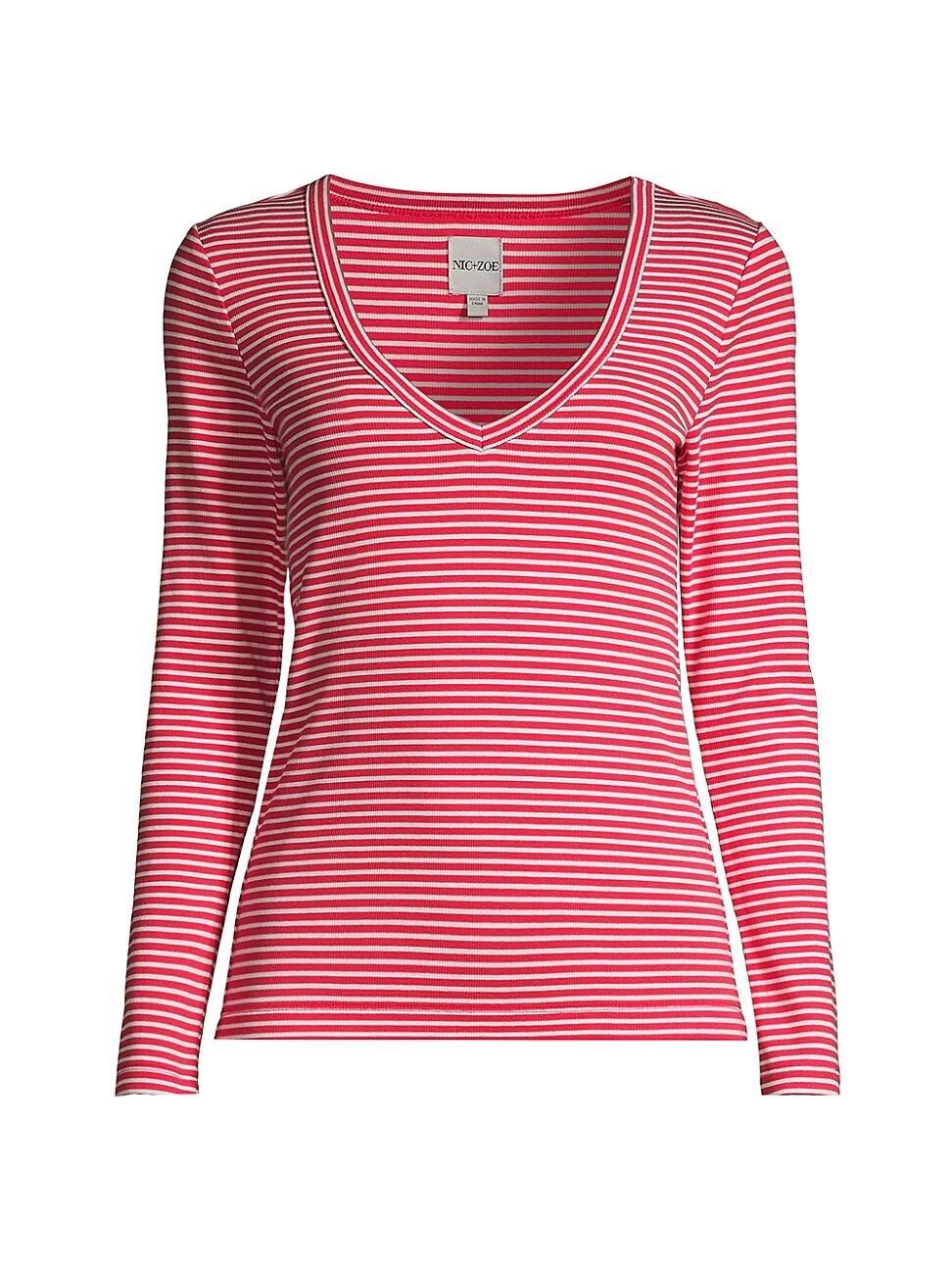 NIC+ZOE Striped Rib Knit V Neck Tee Multi) Women's Clothing Product Image