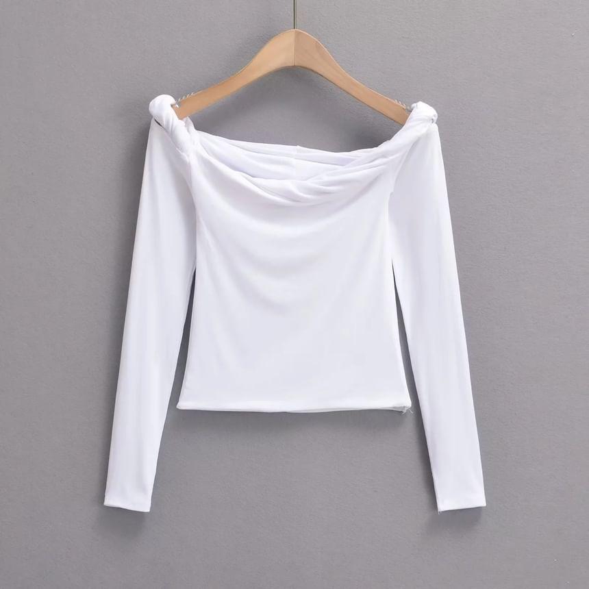 Long Sleeve Off-Shoulder Plain Twisted Slim-Fit Crop Top Product Image