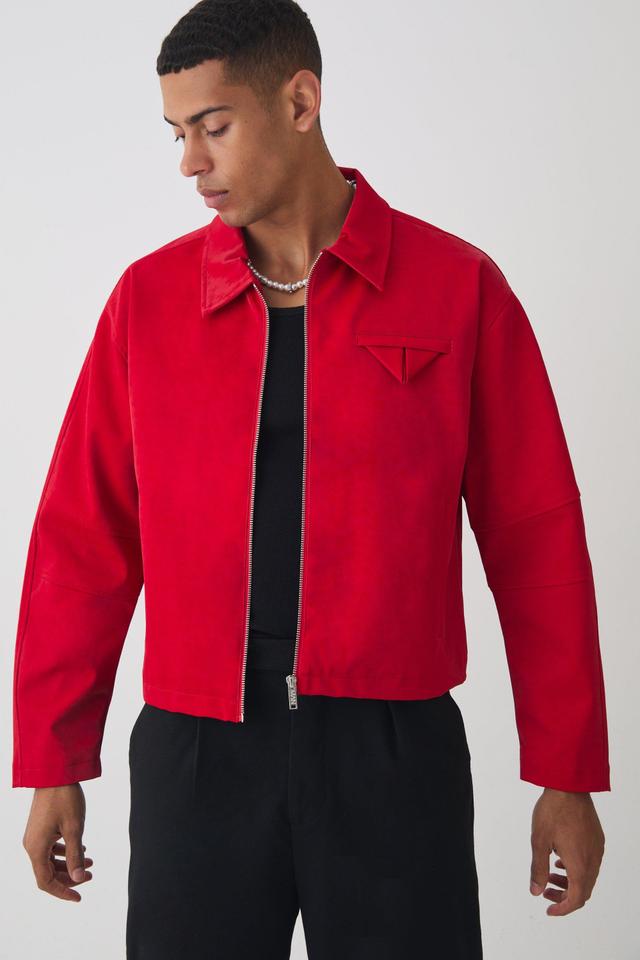 Boxy Satin PU Dogtooth Harrington Jacket In Red | boohooMAN USA Product Image