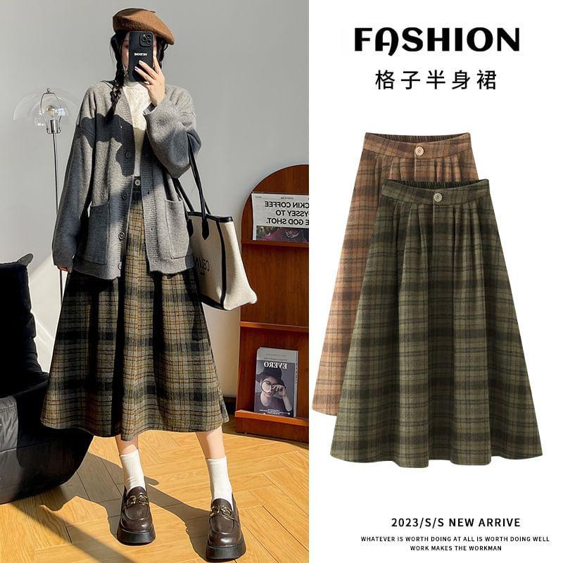 High Rise Plaid Midi A-Line Skirt Product Image