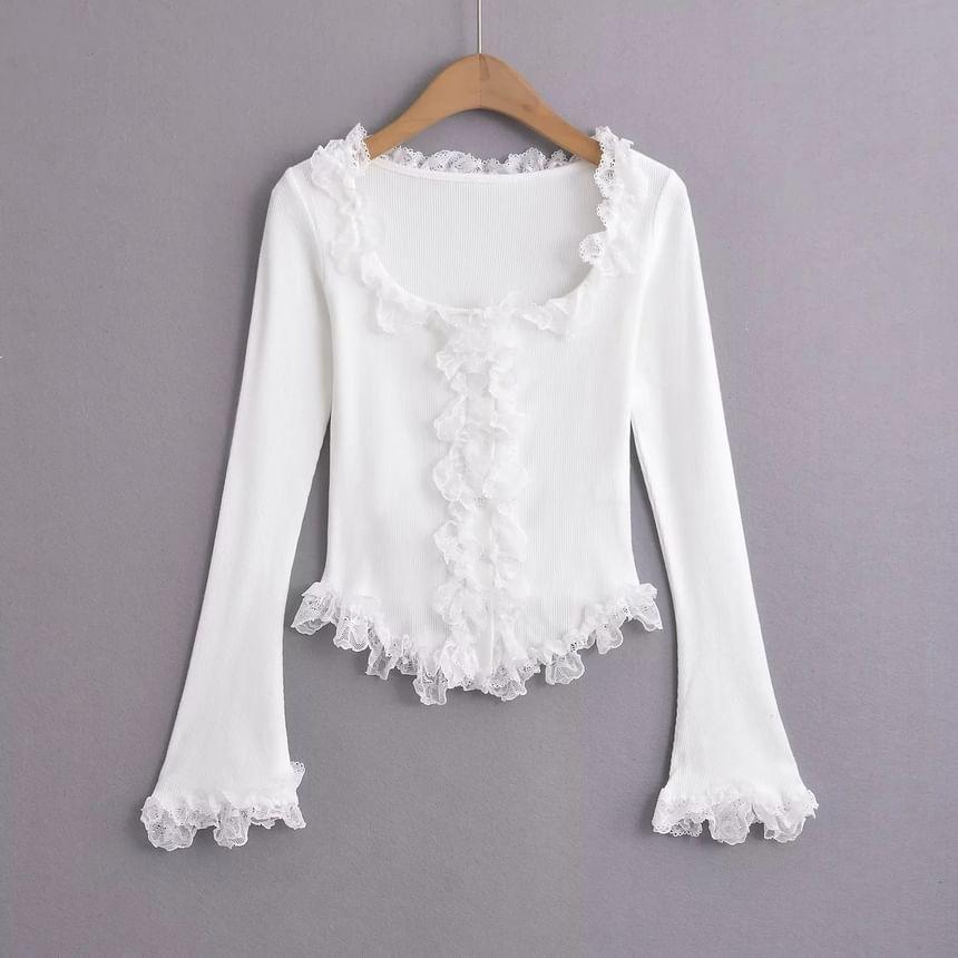 Long-Sleeve Scoop Neck Frill Trim Plain Top Product Image