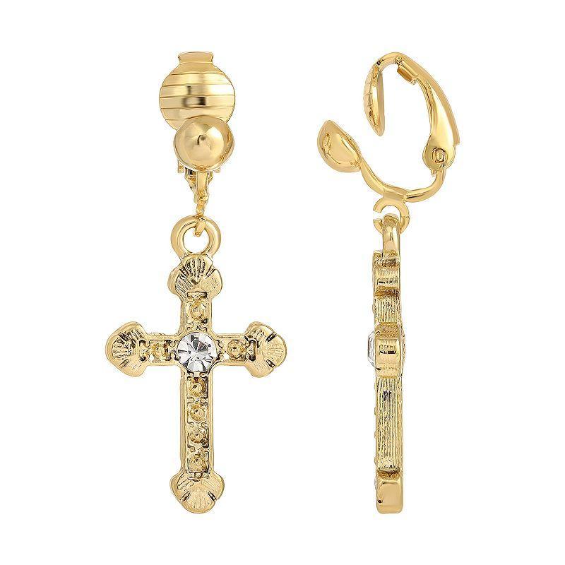 1928 Crystal Accent Cross Clip On Earrings, Womens, Silver Product Image