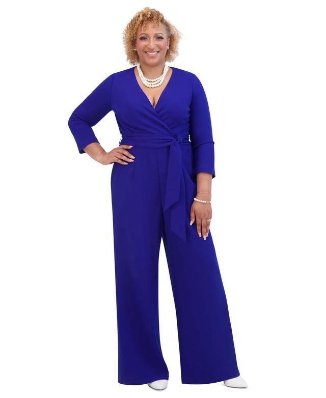 Kasper Womens Tie-Waist 3/4-Sleeve Wide-Leg Jumpsuit Product Image