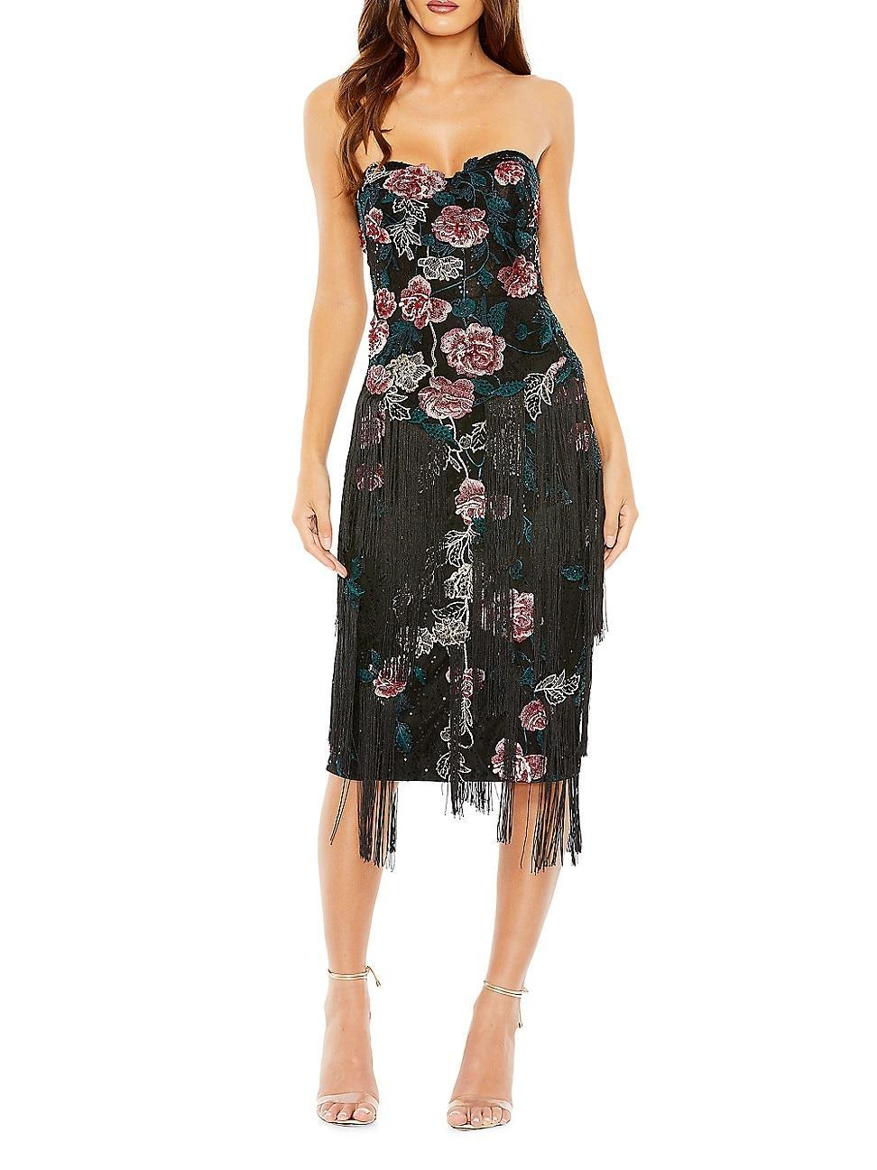 Womens Fringed Floral Jacquard Strapless Dress Product Image