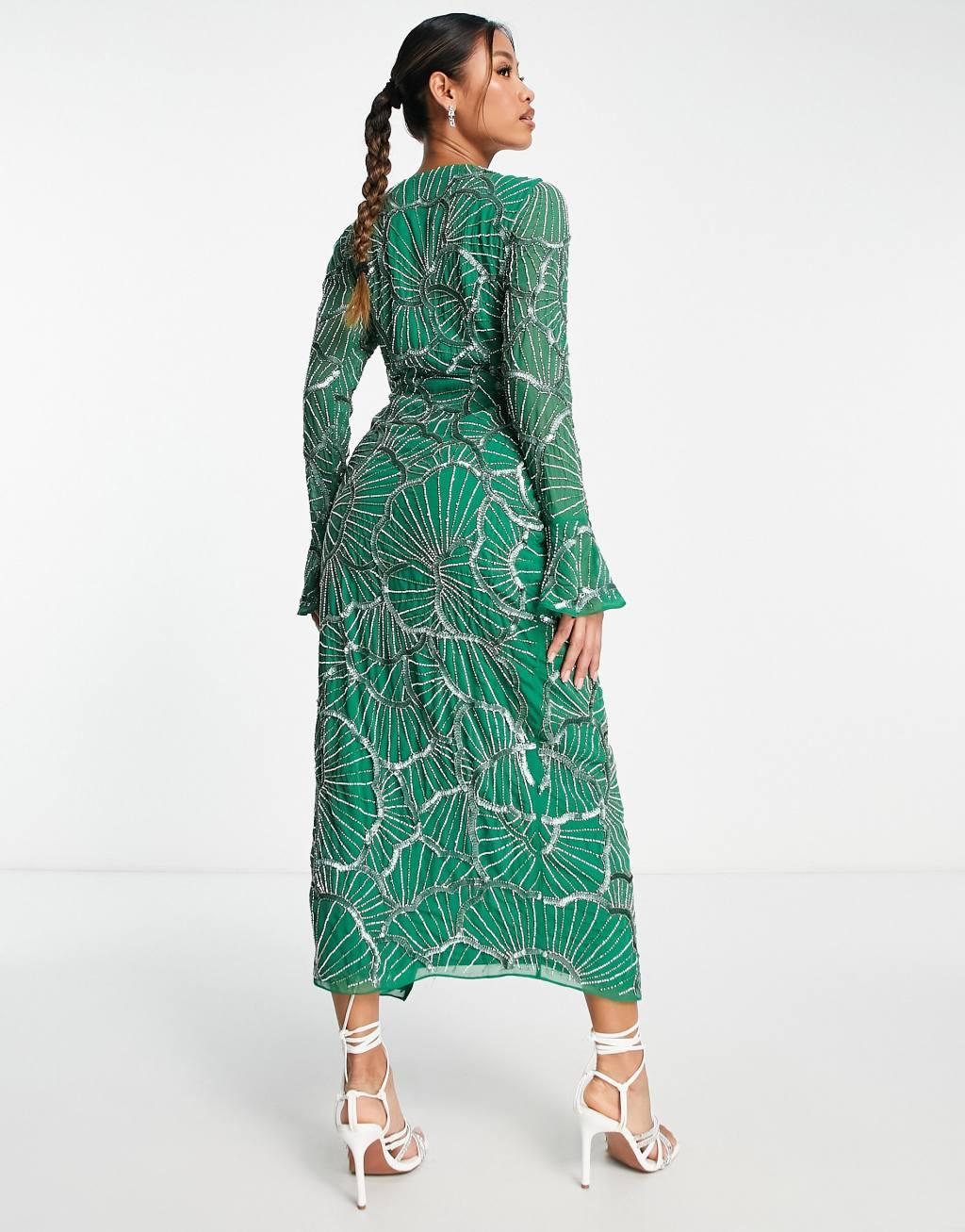 ASOS DESIGN embellished wrap midi dress with scallop design Product Image