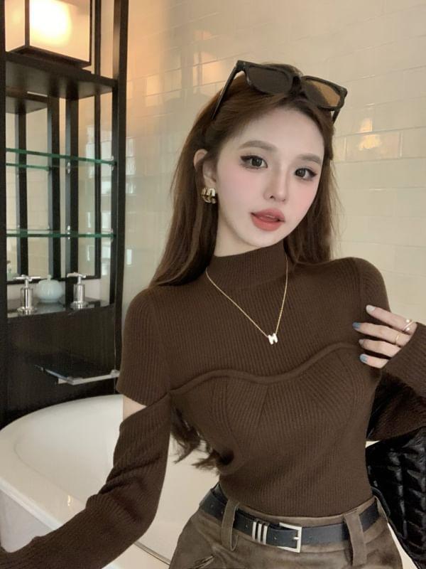 Long-Sleeve Mock-Neck Cutout Slim-Fit Knit Top Product Image