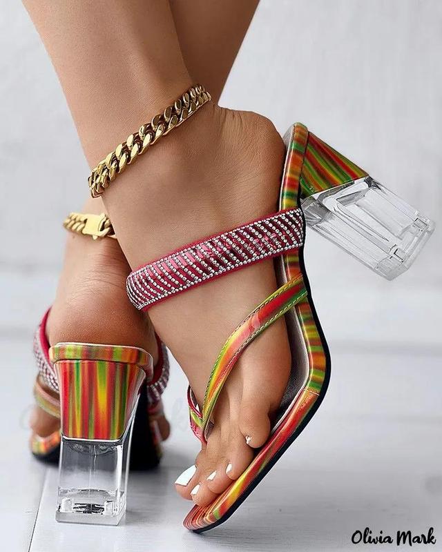 Olivia Mark – Rhinestone Embellished Clear Heel Toe Post Sandals with Rainbow Abstract Print Accent Product Image