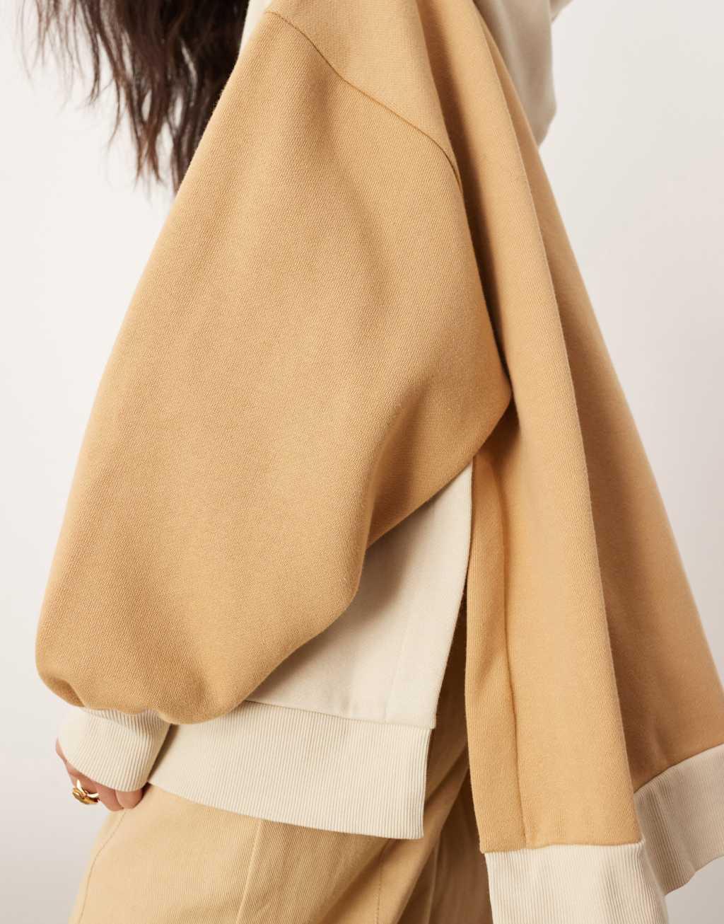 ASOS EDITION oversized split hem color block hoodie in camel and oat Product Image