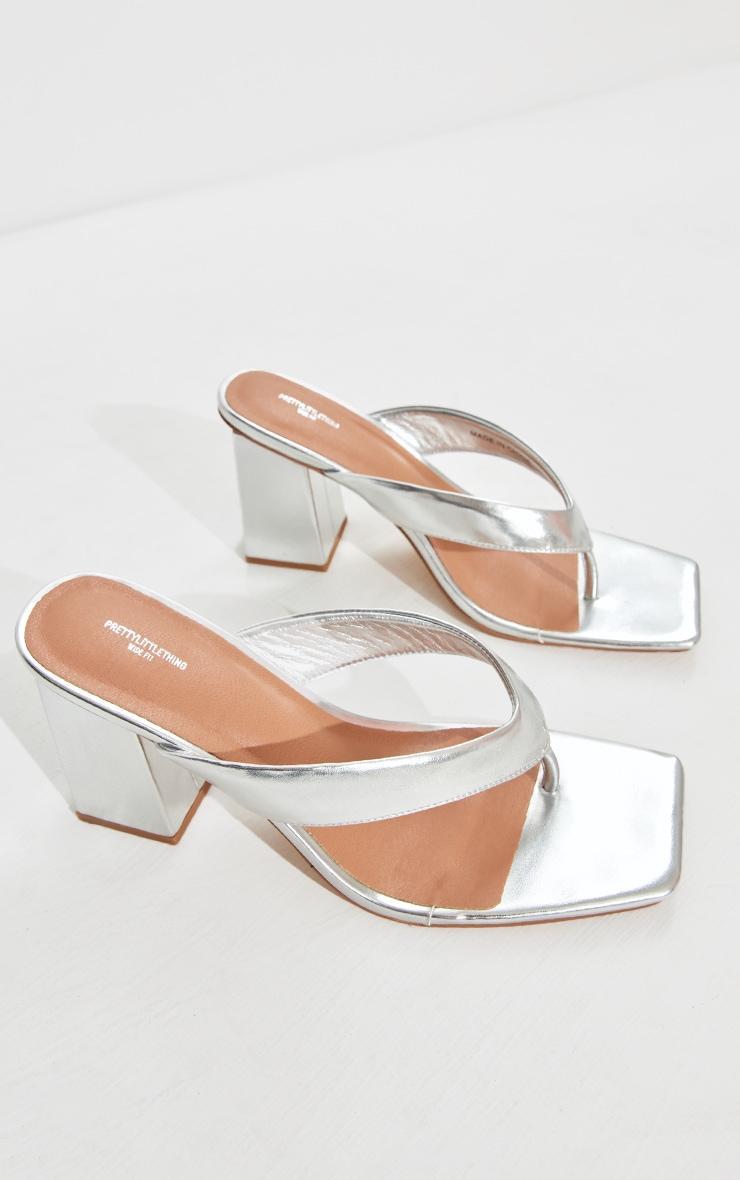 Silver Wide Fit Pu Square Toe Thong Block Mid Heeled Mules Product Image