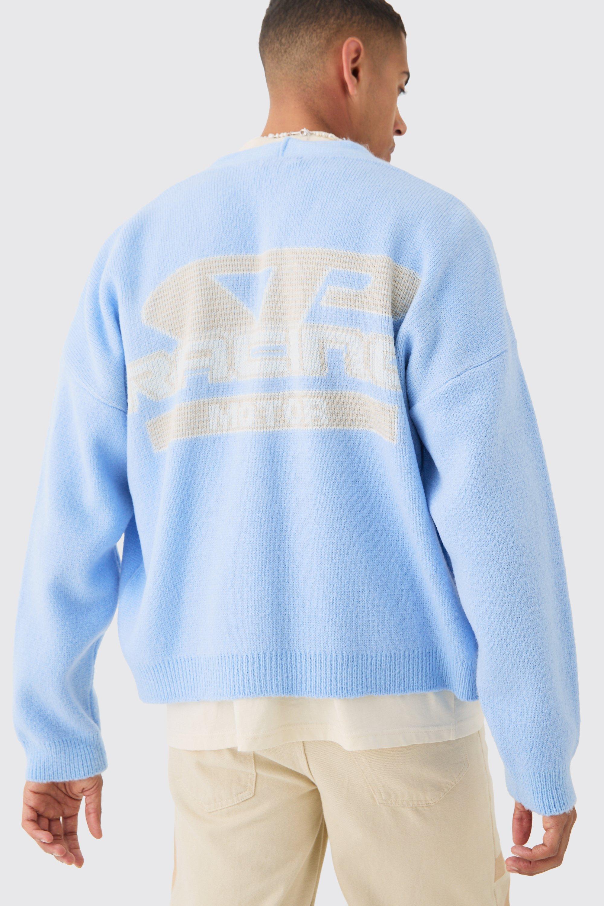 Mens Blue Oversized Boxy Moto Knit Cardigan, Blue Product Image