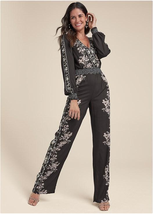 Leaf Print Smocked Jumpsuit Product Image