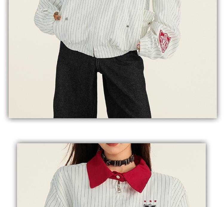 Striped Letter Embroidered Zip Jacket / Mid Rise Wide Leg Jeans Product Image